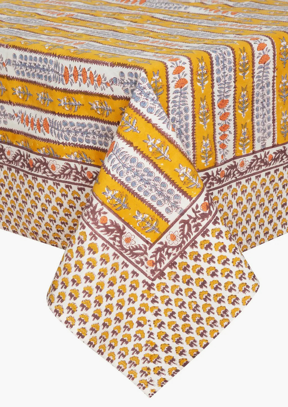 A stripe floral print tablecloth in marigold, purple and blue.