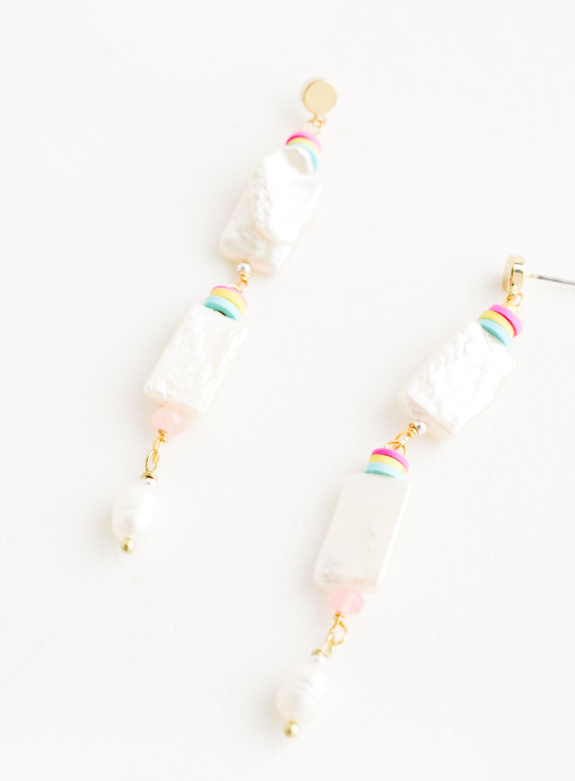 Dangling post-back earrings with rectangular freshwater pearls layered with colored heishi beads