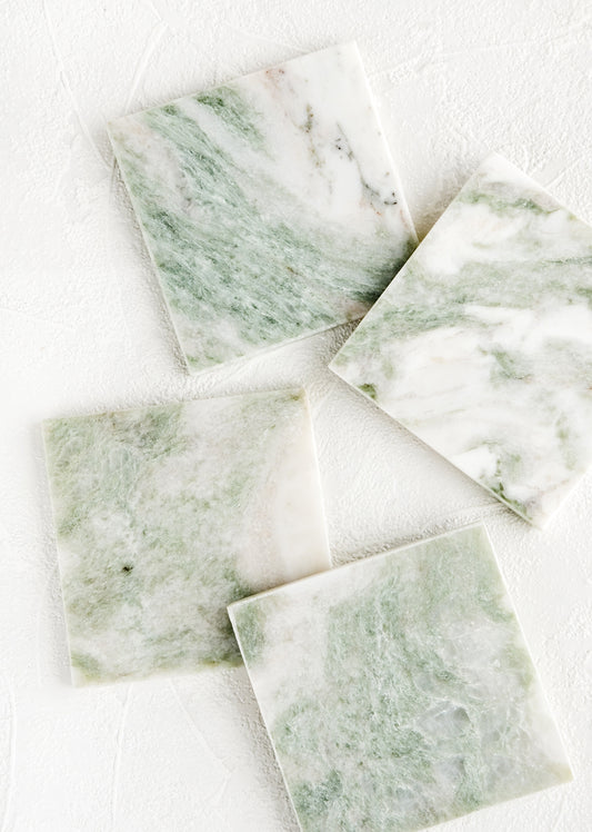 Set of 4 square coasters in green and white marbled "lady onyx"