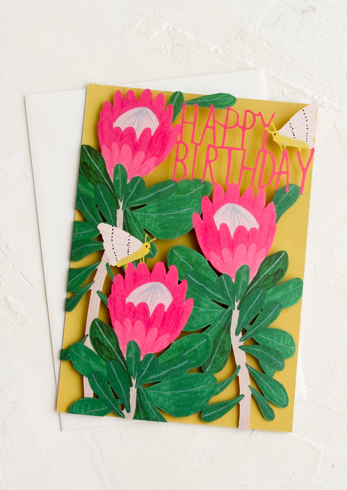 A birthday card with lasercut front panel with botanical protea design.