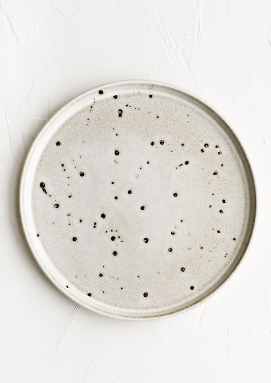 A ceramic plate with grey-tan speckled glaze.