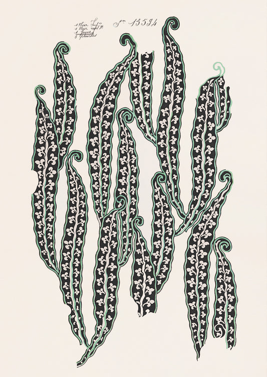 An antique inspired print with graphic "beans" design.