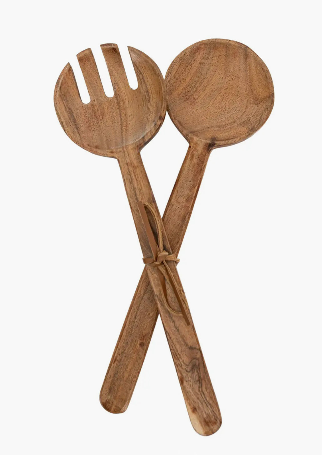 A pair of acacia wood salad servers with simple, plain design.