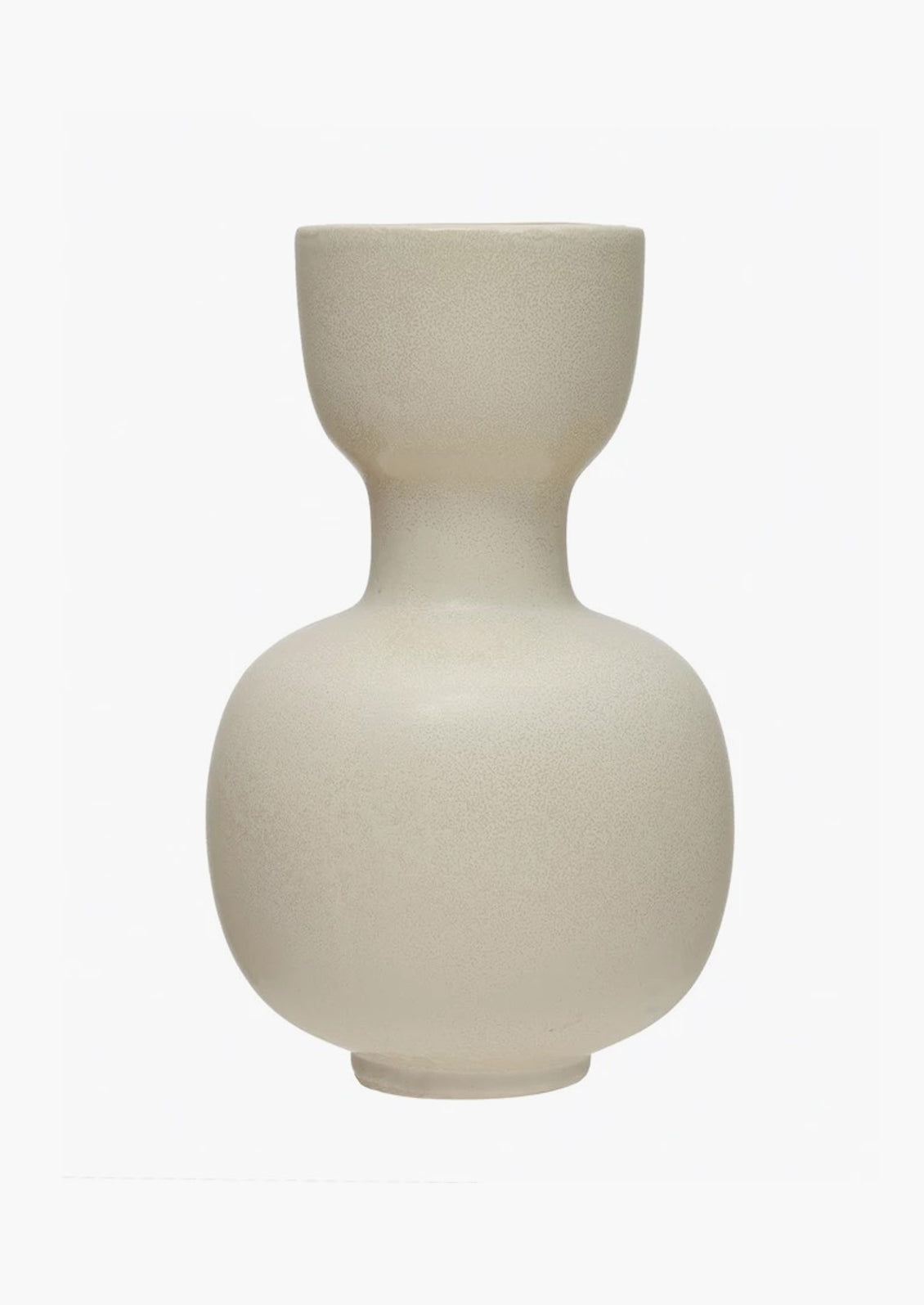 A cream glaze vase with cup shaped top, pinched middle and round bottom.
