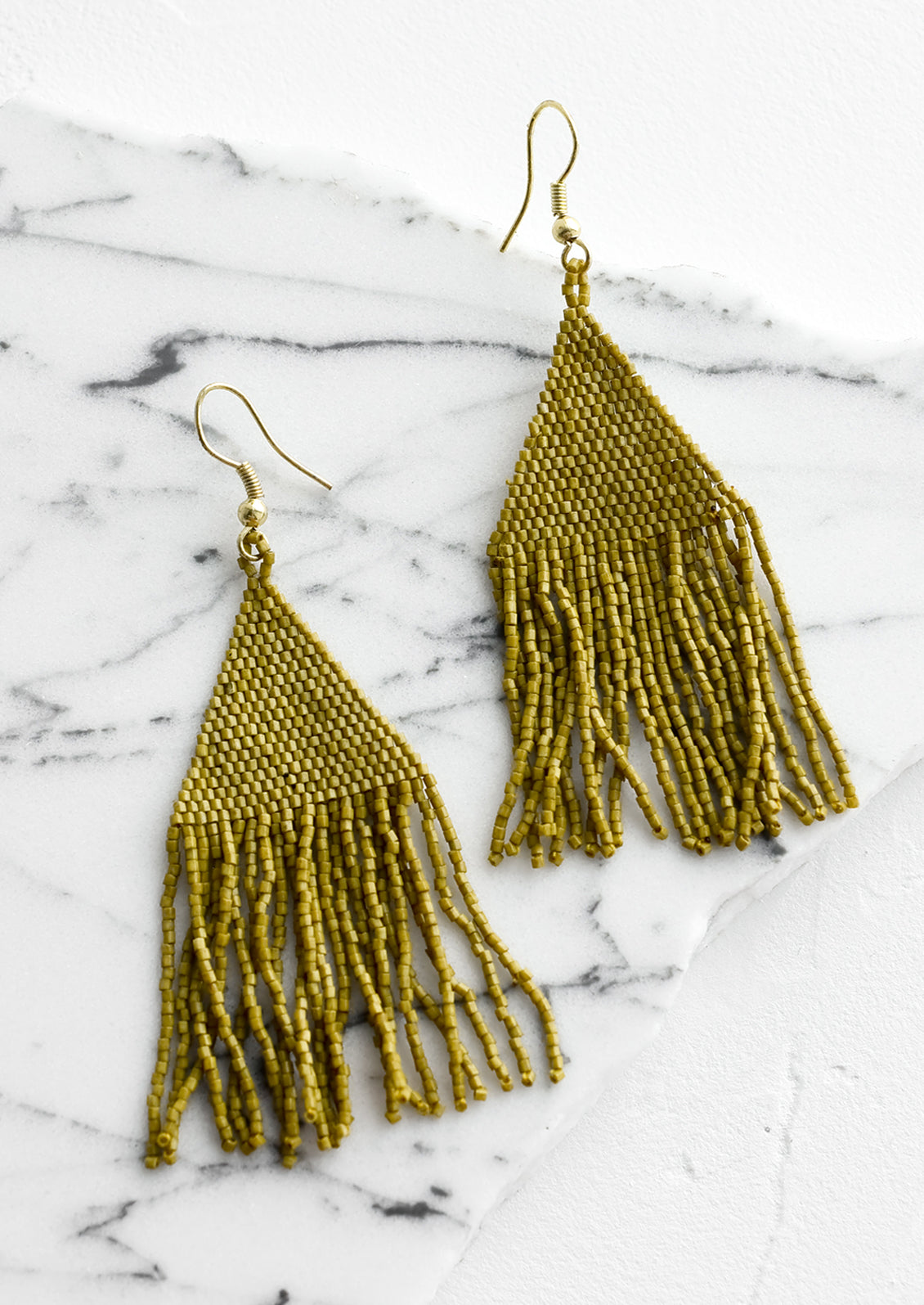 Metallic citron triangular fringe beaded earrings.