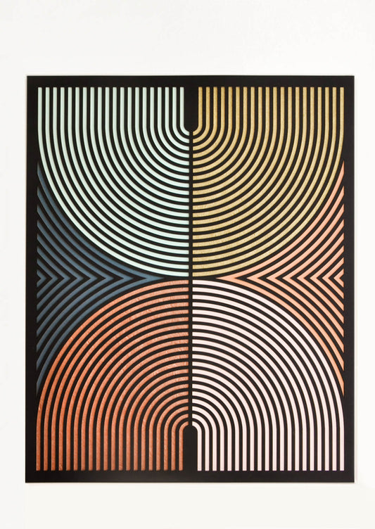 Laser cut artwork with black background. Geometric design with two reflected arcs.