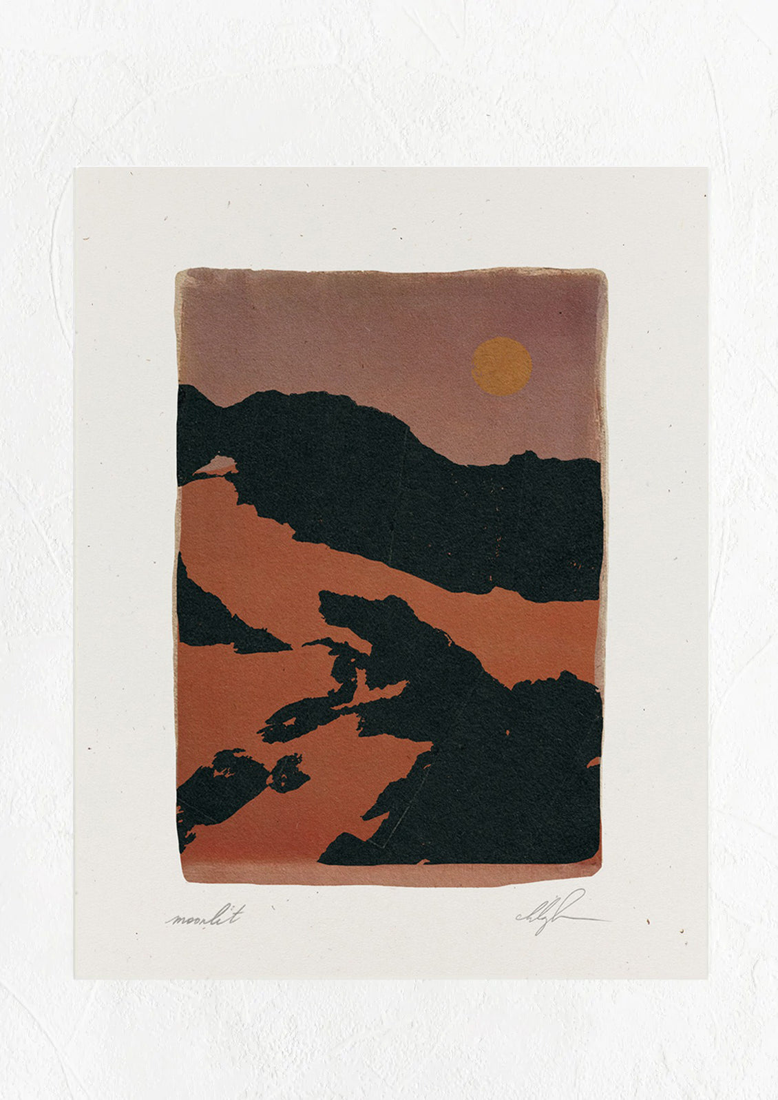 An art print of a dark canyon image at night with moon.