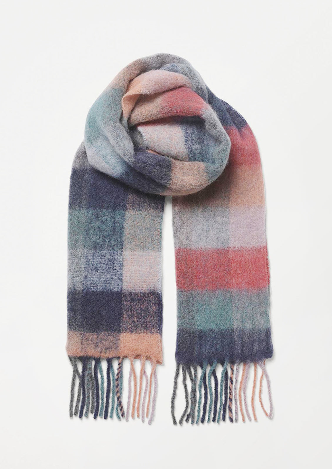 A fuzzy woven wool scarf in pastel madras pattern.