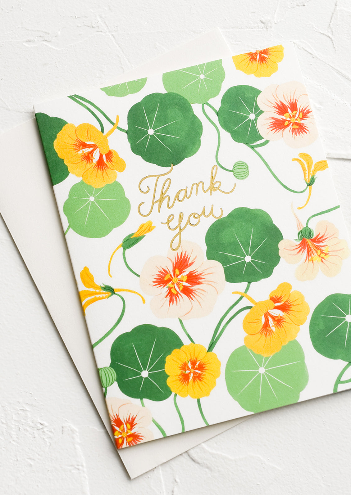 A nasturtium printed greeting card with text reading "Thank you".