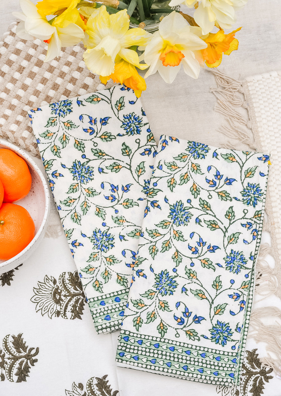 Block printed napkins on a table.