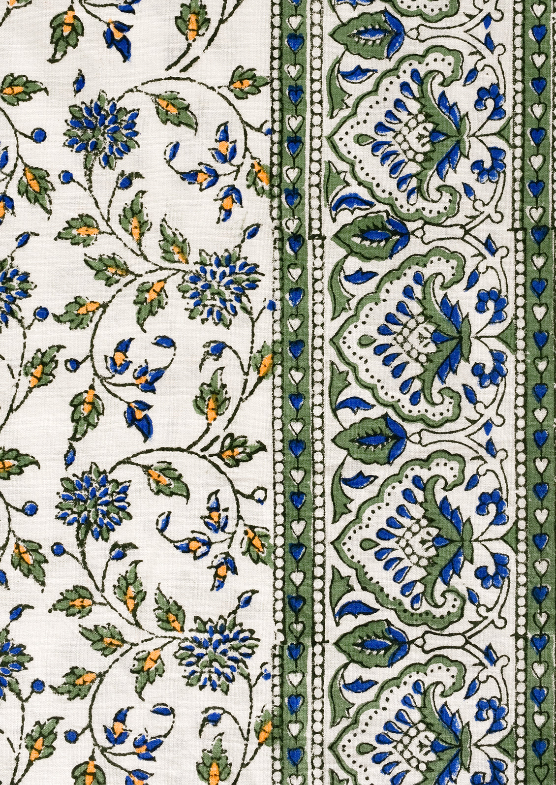A block printed floral pattern with border in blue, green and orange.