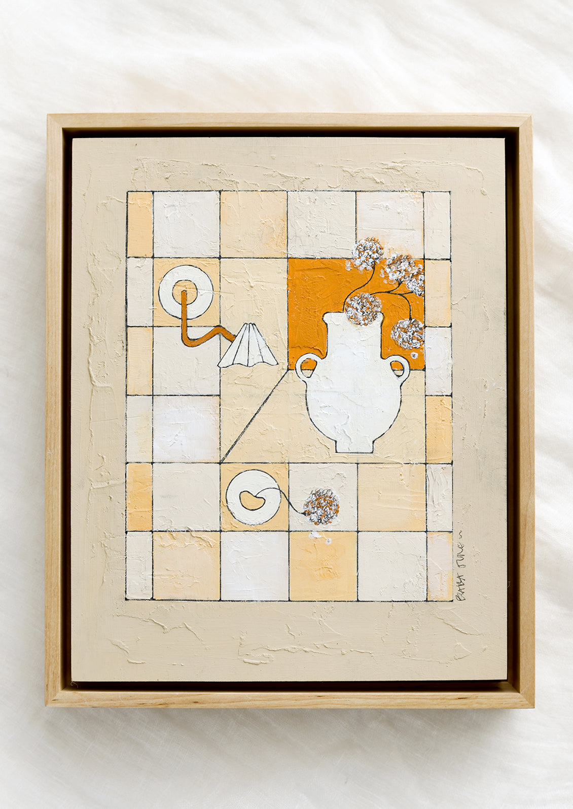 A framed original painting of gridded still life scene in white, tan and rust.