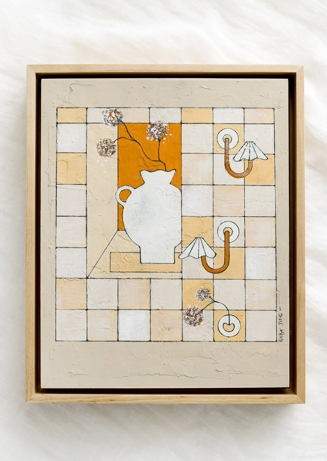 A framed original painting of checkered still life panel in beige, white and rust.