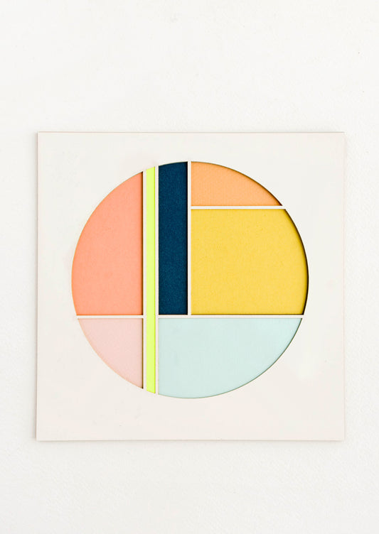 Square artwork with off-white background and color blocked, laser-cut circle
