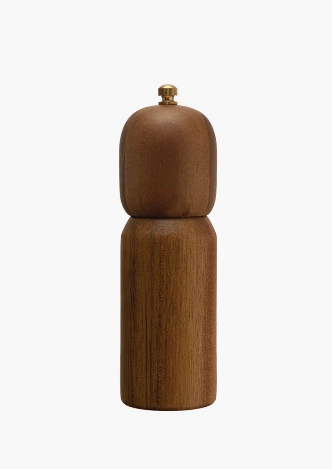 A wooden pepper mill with rounded shape.