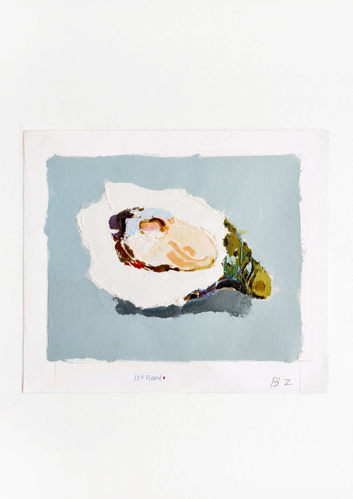 Original oil painting with still life image of a single oyster on a dusty blue background.