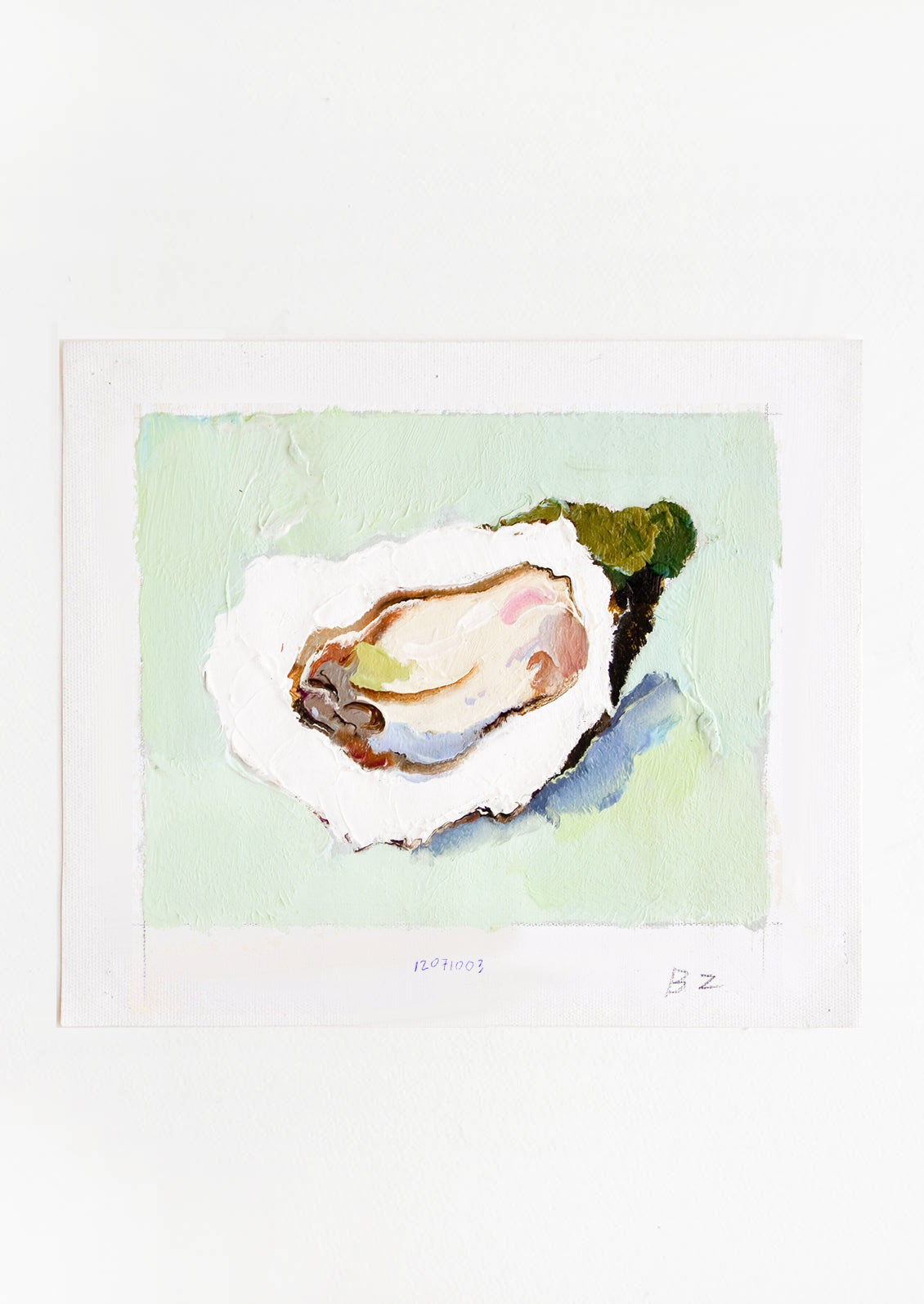 Original oil painting with still life image of a single oyster on a mint green background.