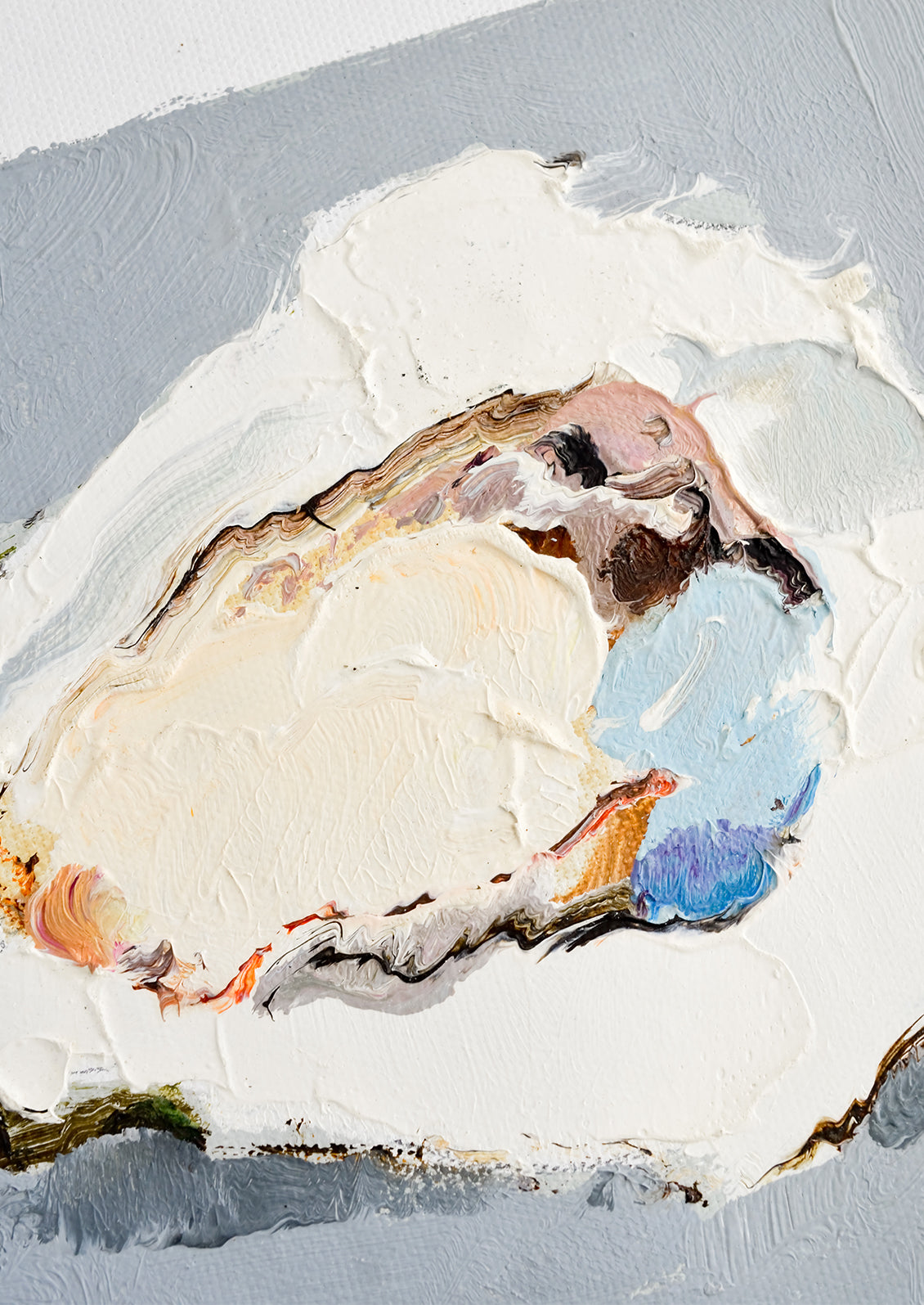Original oil painting with still life image of a single oyster on a grey background.