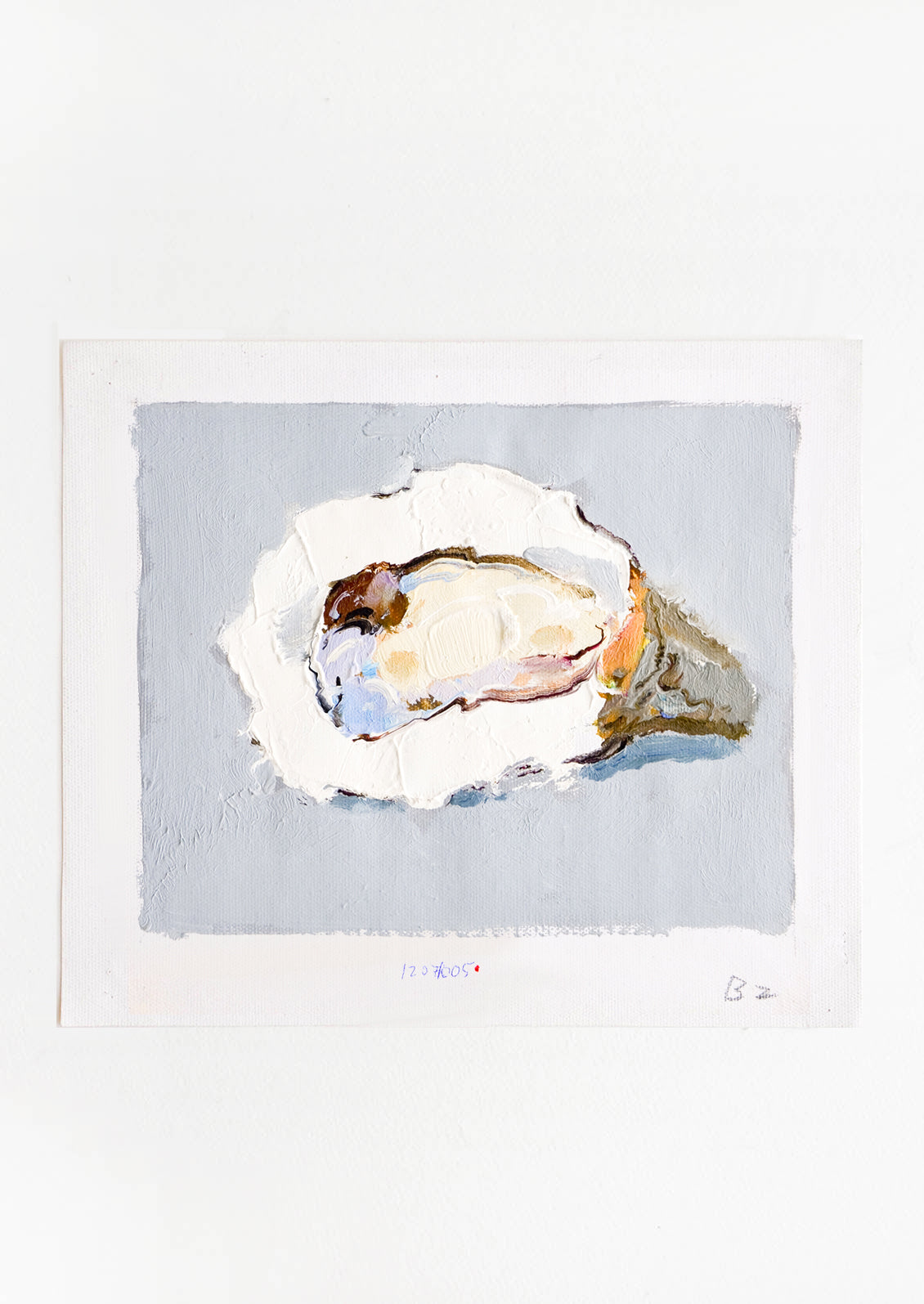 Original oil painting with still life image of a single oyster on a grey background.