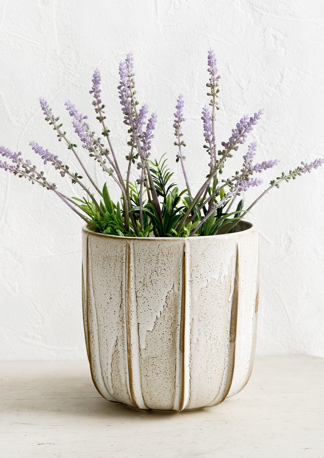 A ceramic planter with lavender plant.