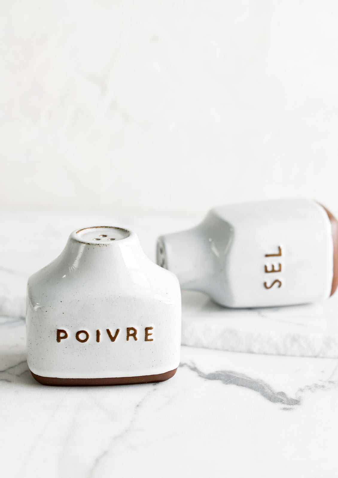 Ceramic salt and pepper shakers with text detail in French.