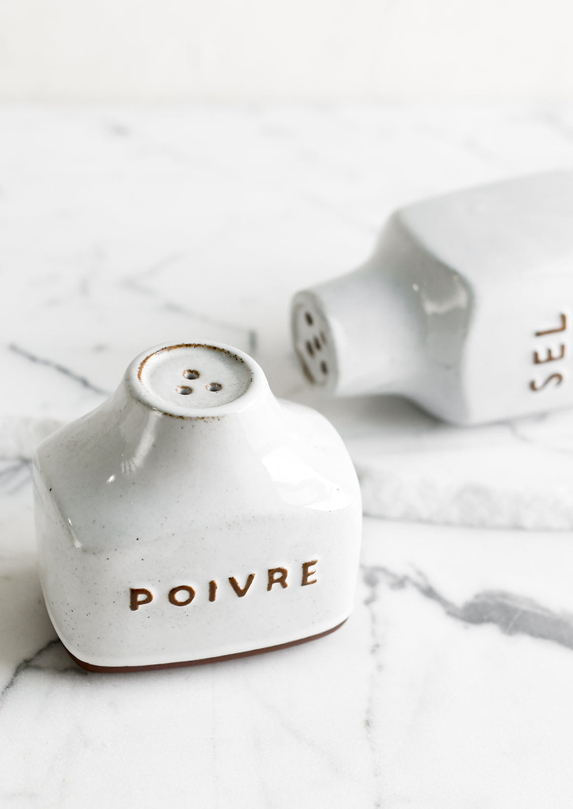 Ceramic salt and pepper shakers with text detail in French.