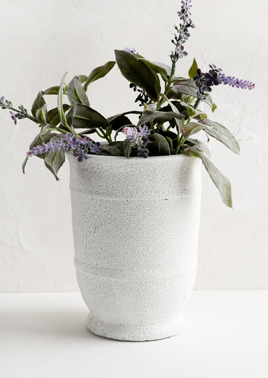 A tall planter in textured white glaze with lavender plant.