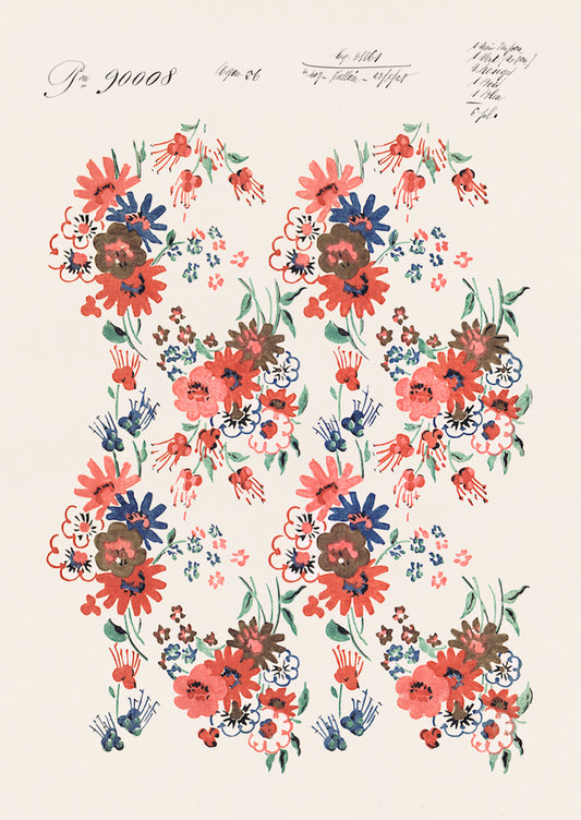 An antique inspired floral poster print in red, pink and blue.