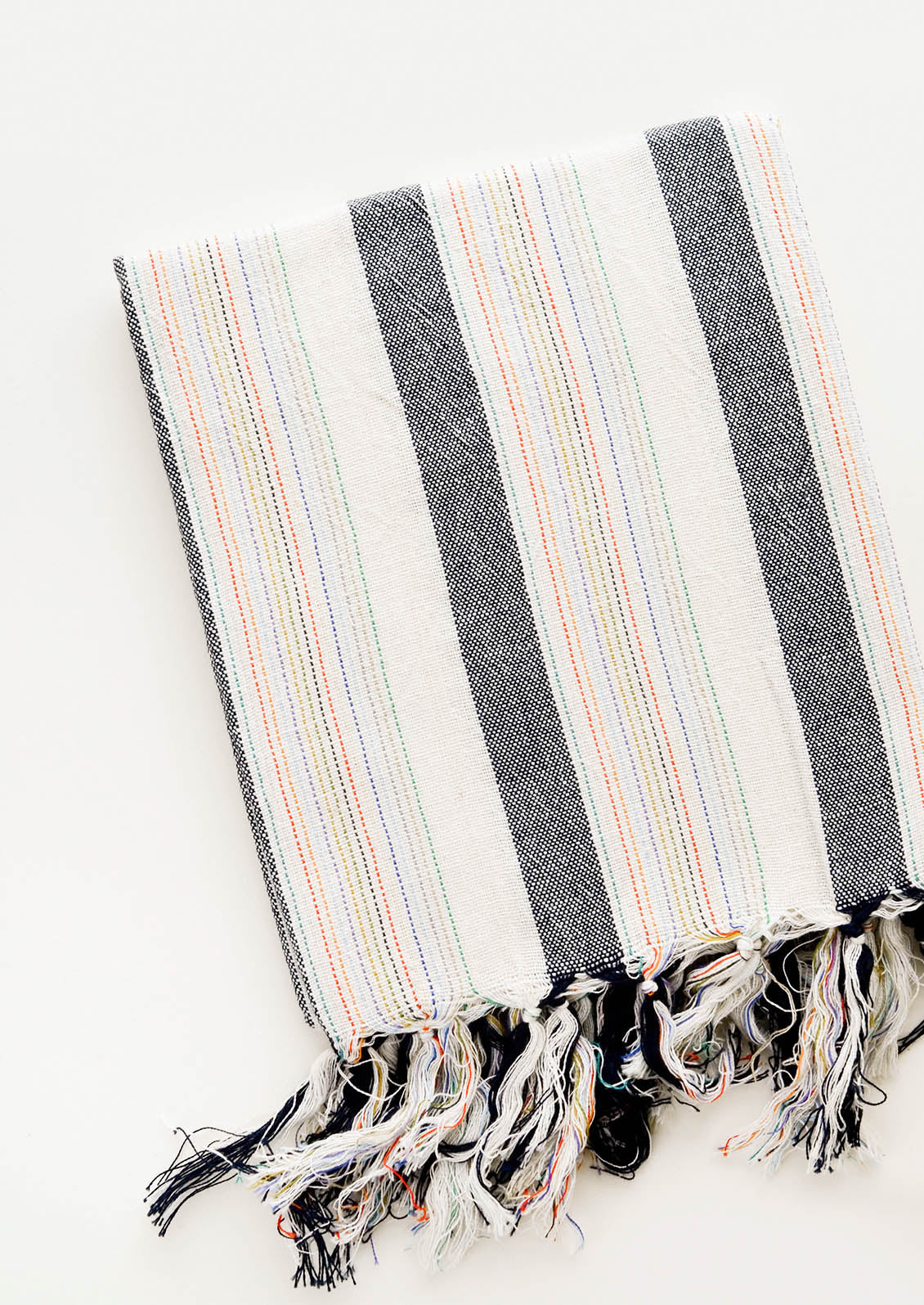 Cotton Turkish Towel in Natural & Charcoal with Rainbow Colored Stitching and Fringed Tassel Trim