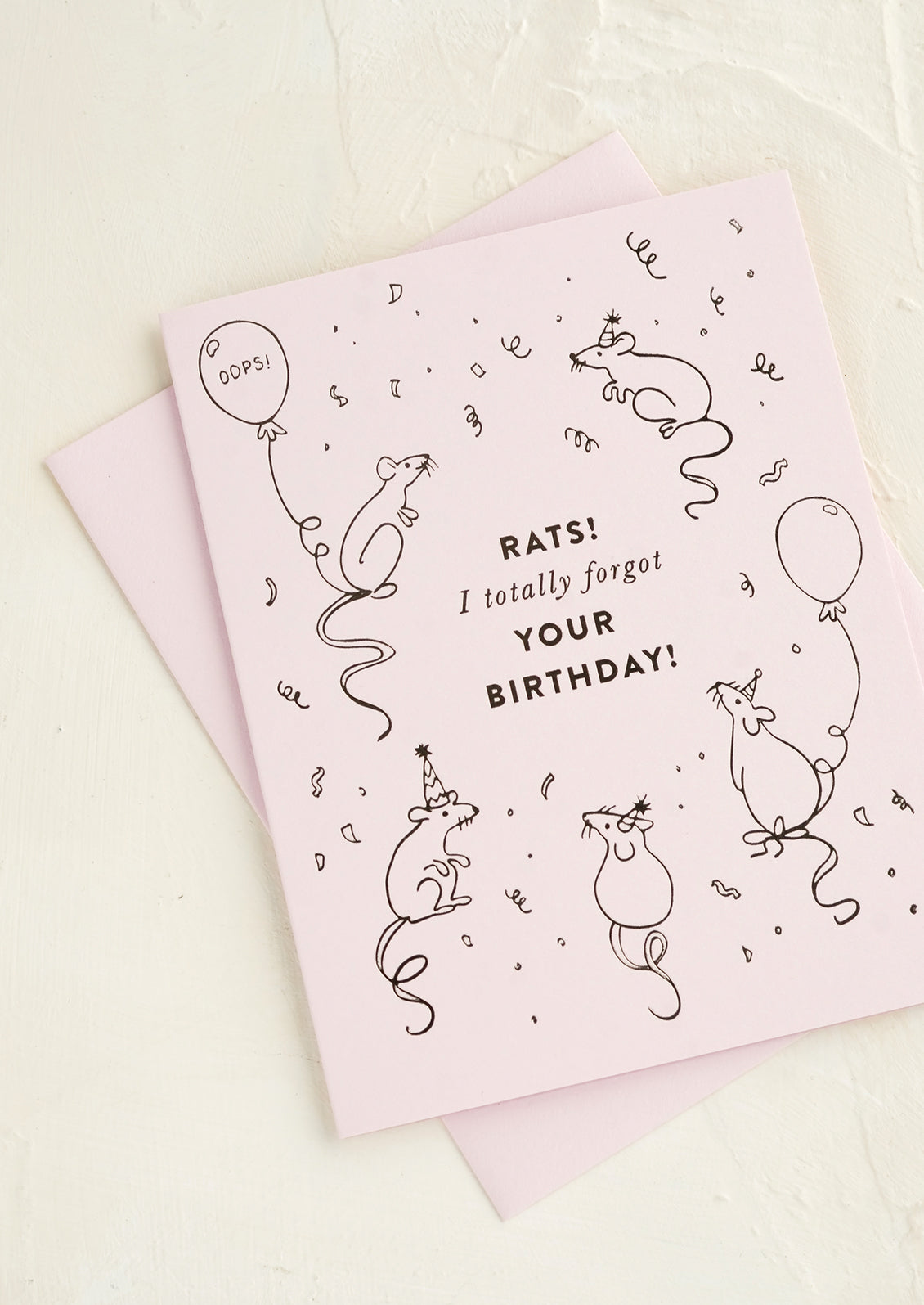 Greeting card with image of rats at a party with text reading "Rats! I forgot your birthday"