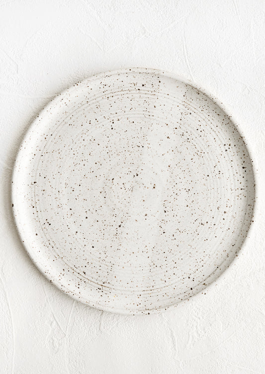 A speckled white ceramic dinner plate.
