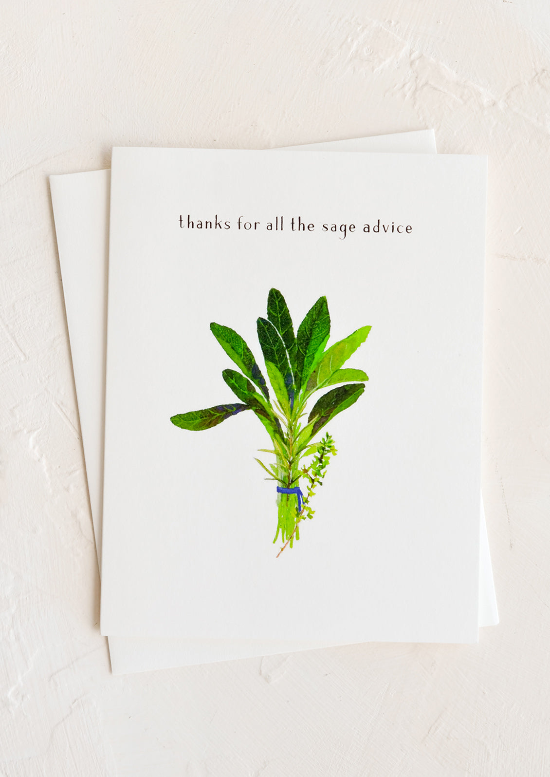 A greeting card that reads "Thanks for all the sage advice" with illustration of a bundle of sage.