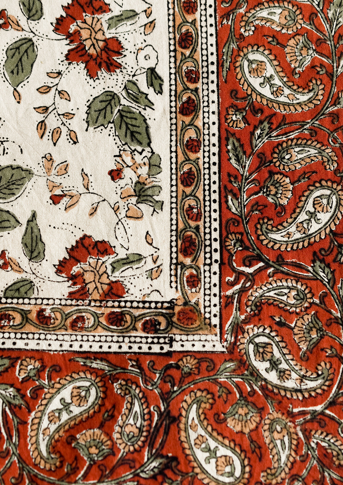 A block printed tablecloth in floral and paisley print.