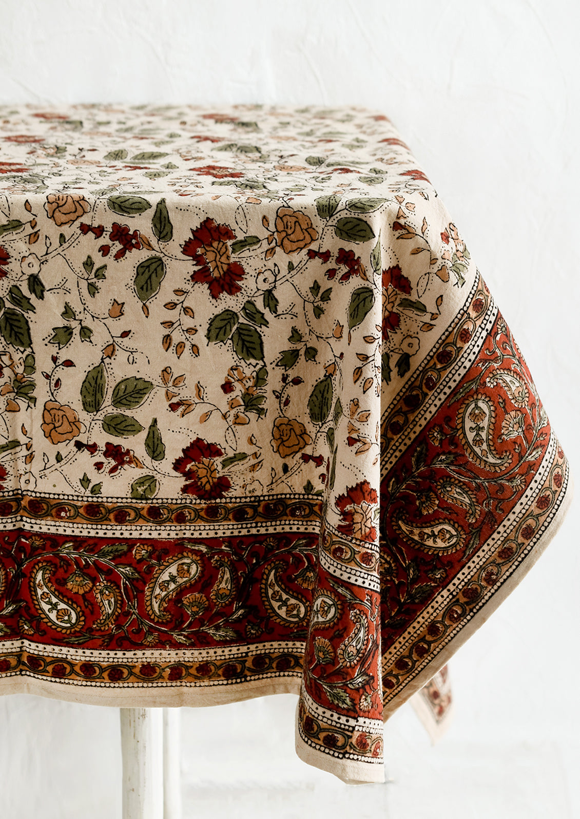 A block printed tablecloth in floral and paisley print.