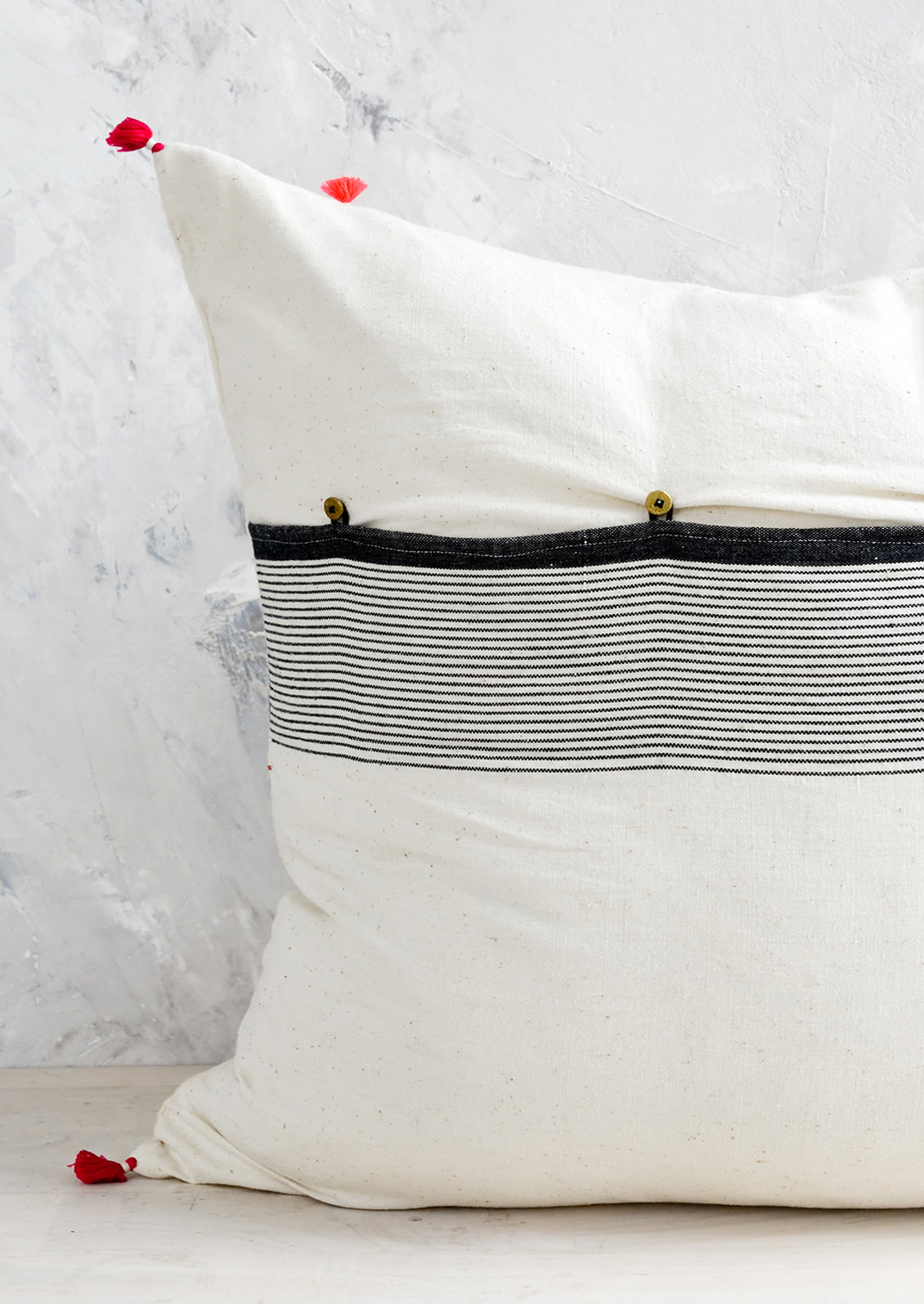 A throw pillow with button back closure.