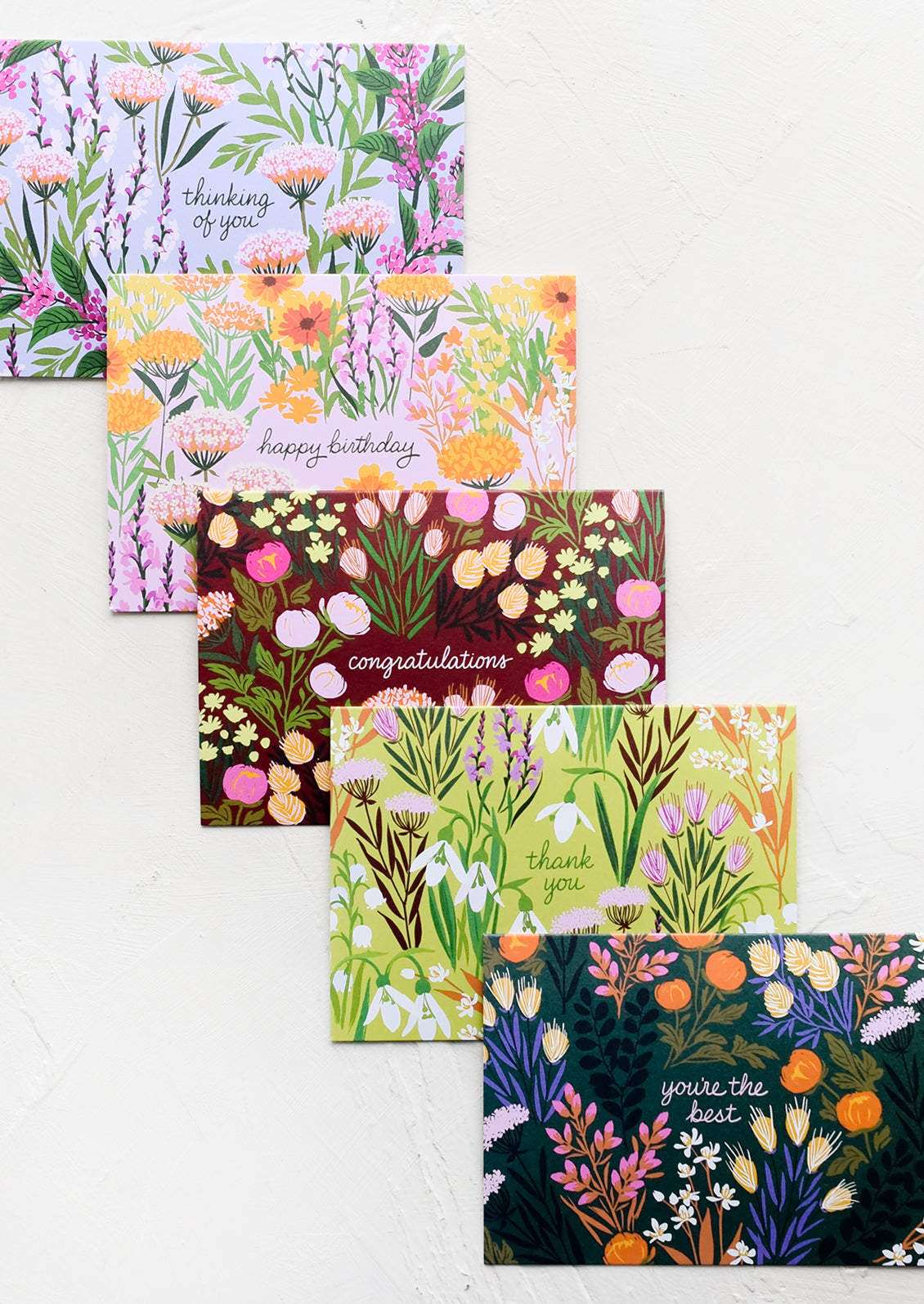 A set of floral printed cards for multiple occasions.