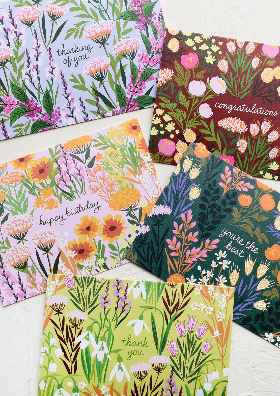 A set of floral printed cards for multiple occasions.