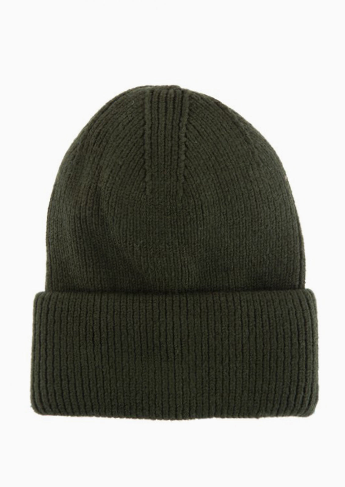A knit beanie with oversized cuff in willow green.