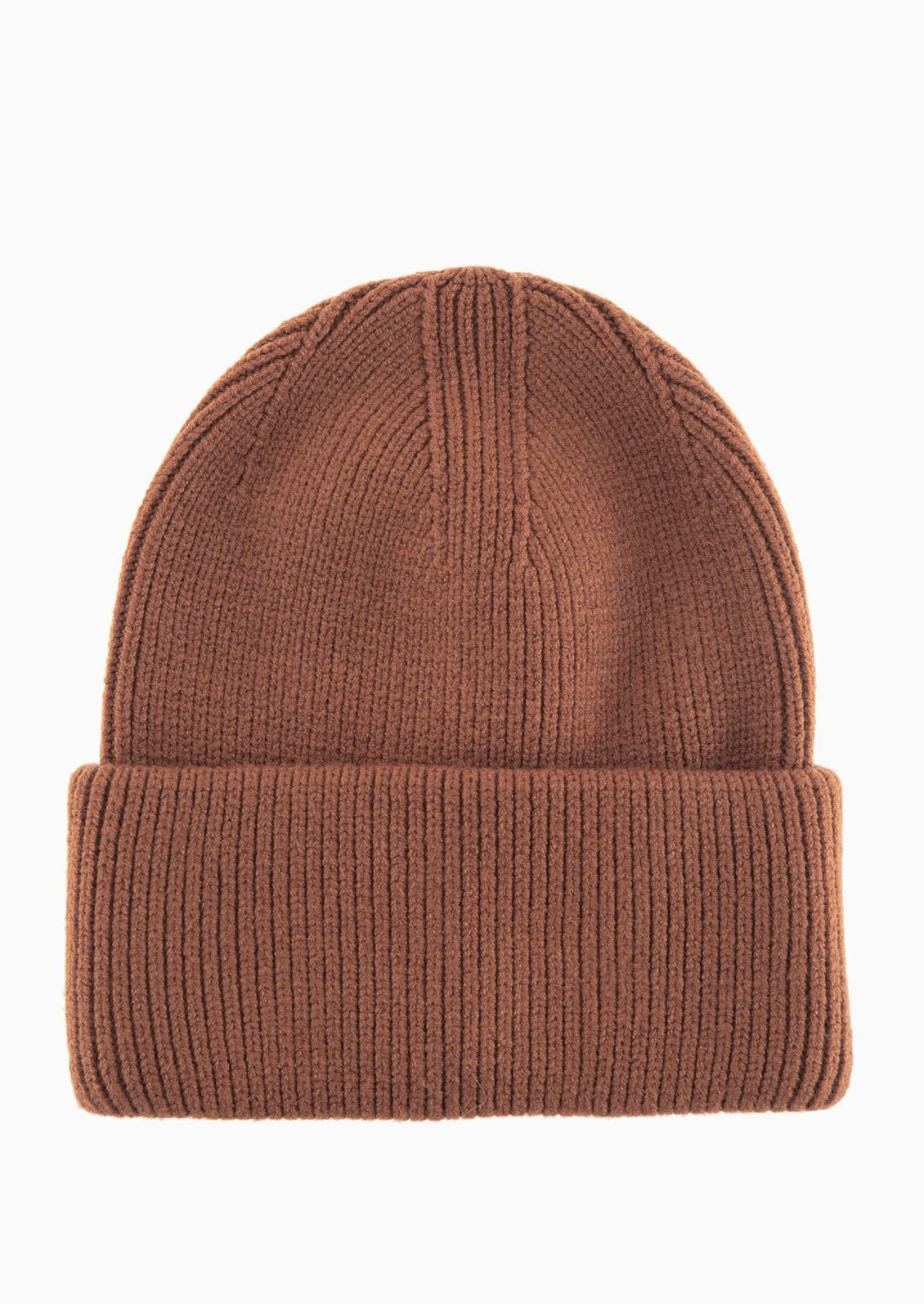 A knit beanie with oversized cuff in chestnut brown.