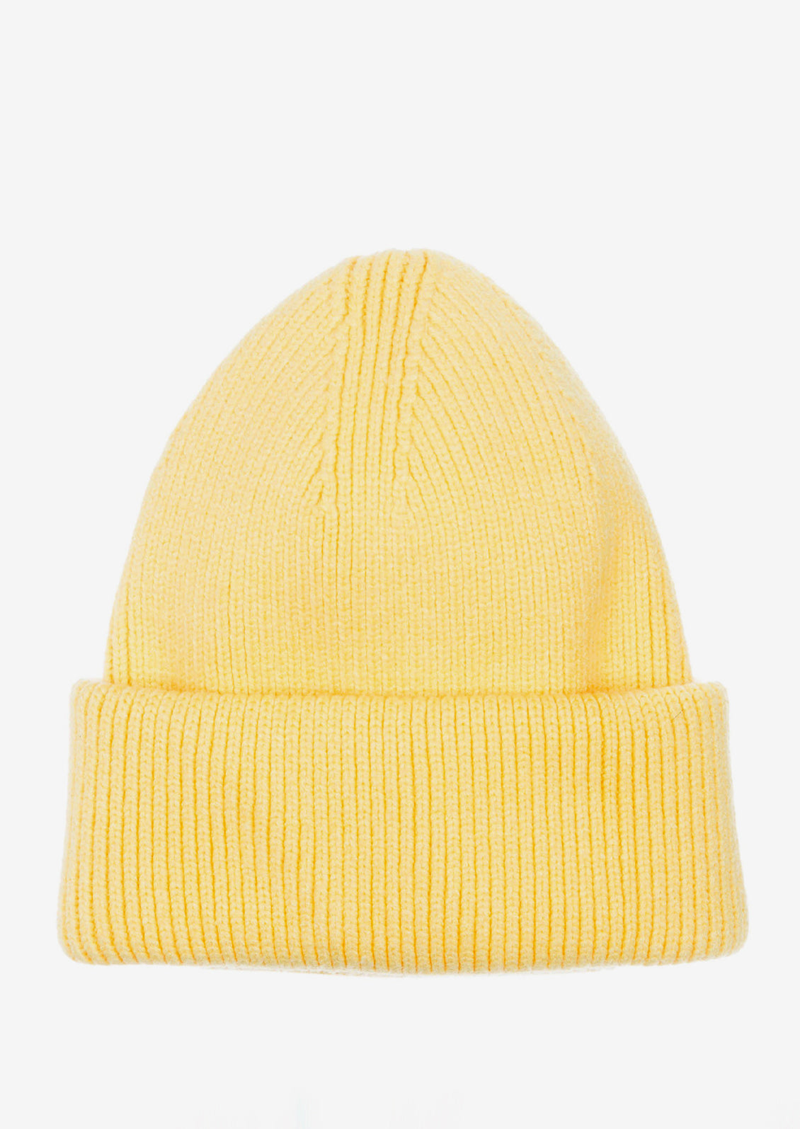 A knit beanie with oversized cuff in lemon yellow color.