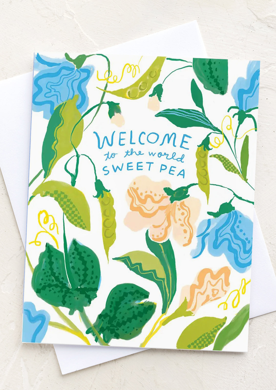 A pea and flower illustrated card reading "Welcome to the world Sweet Pea".