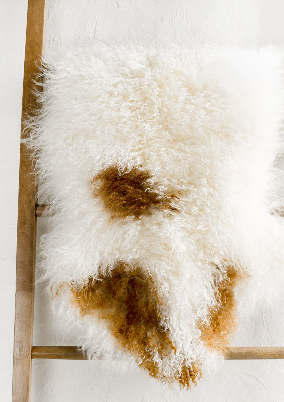 A cream and brown curly lamb fur hide on a ladder.