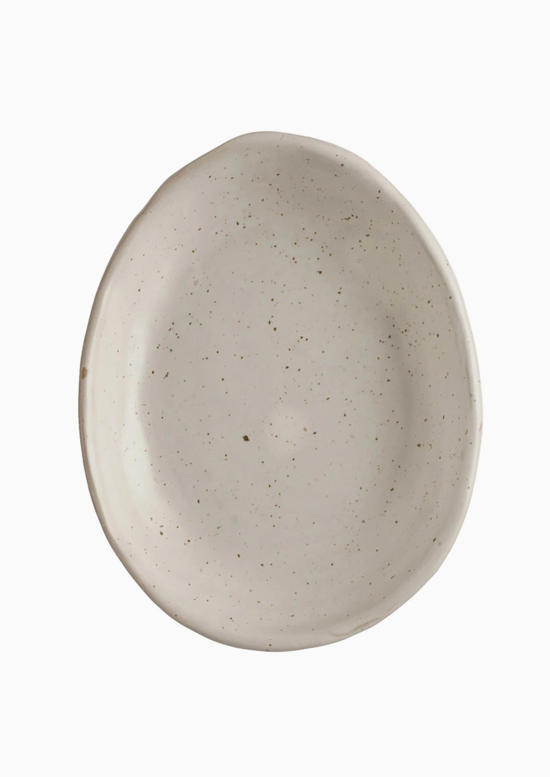 An egg shaped trinket dish in speckled white ceramic.