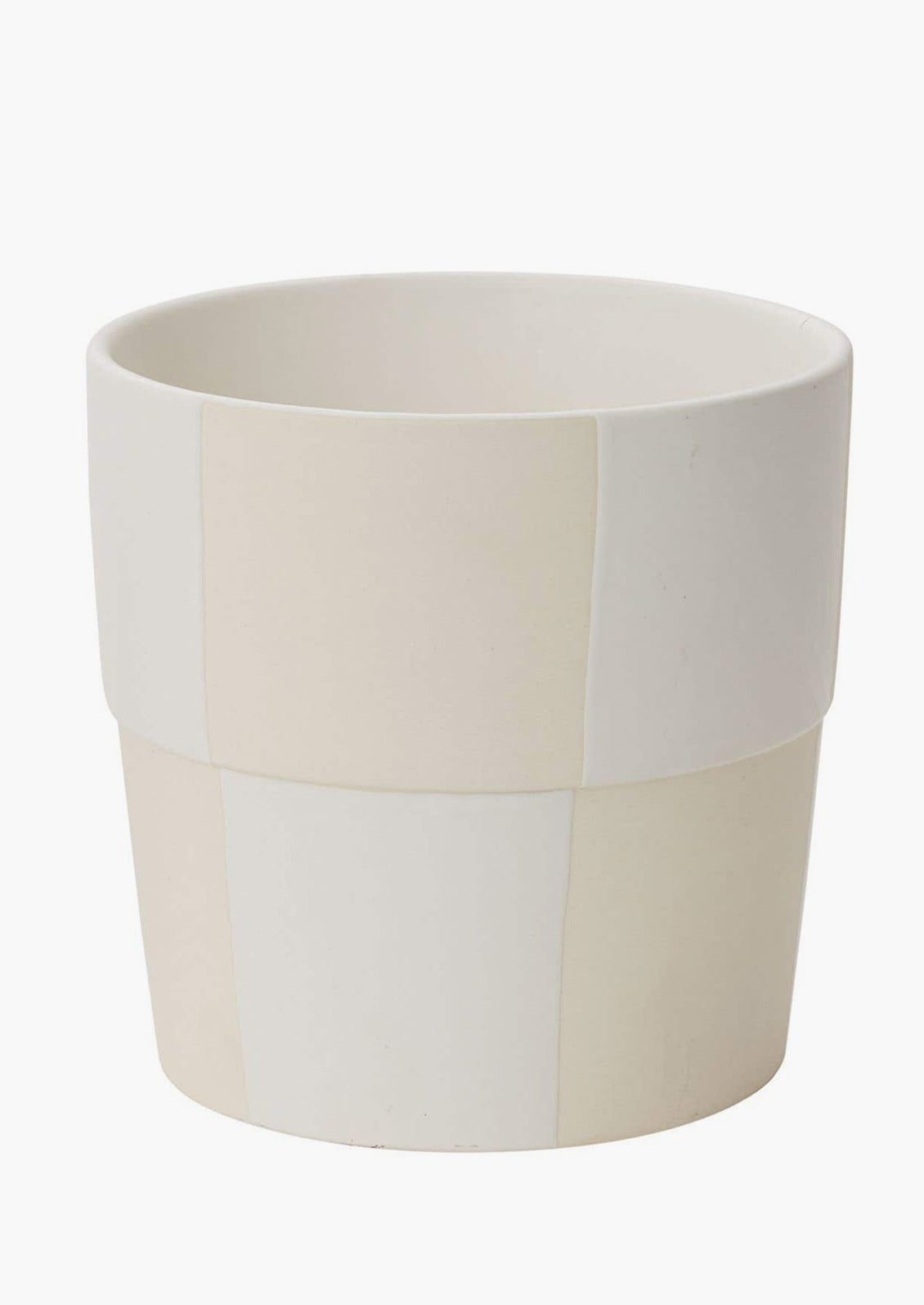 A large cream and white checker patterned planter pot.