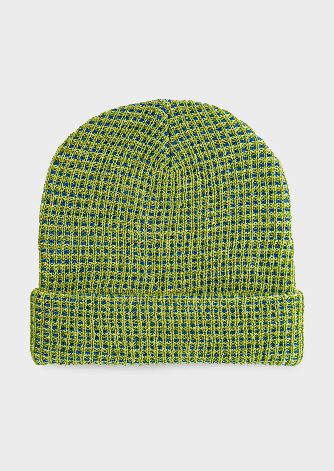 A rib knit beanie in chartreuse and cobalt.