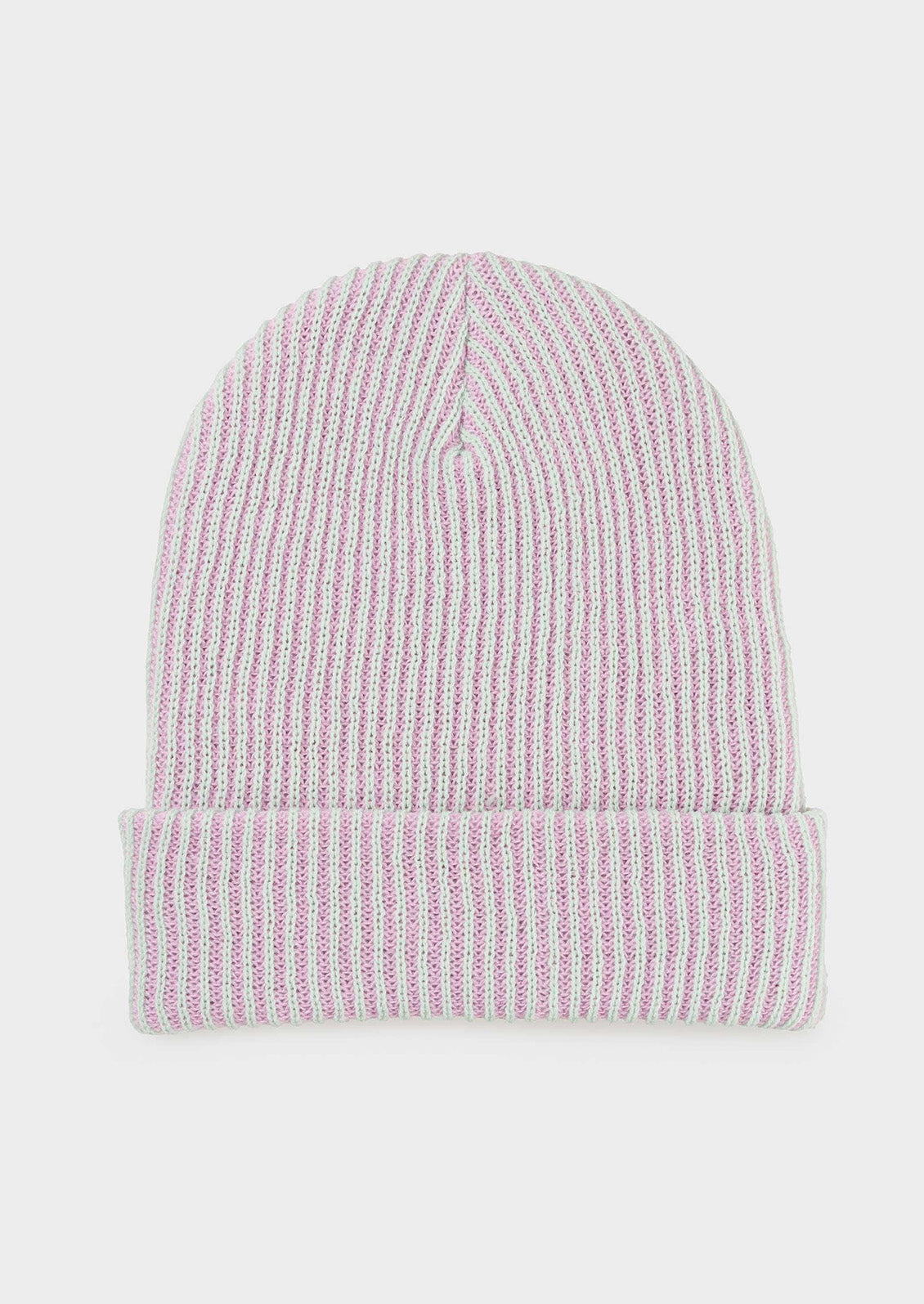 A rib knit beanie in jade and lilac.