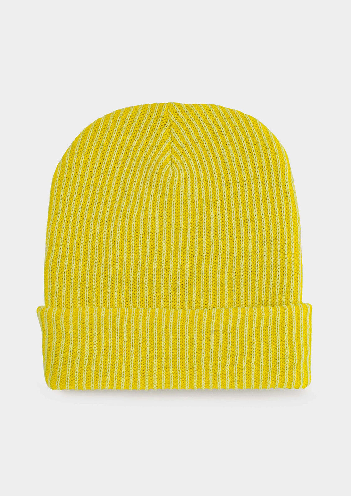 A rib knit beanie in lemon and lime.