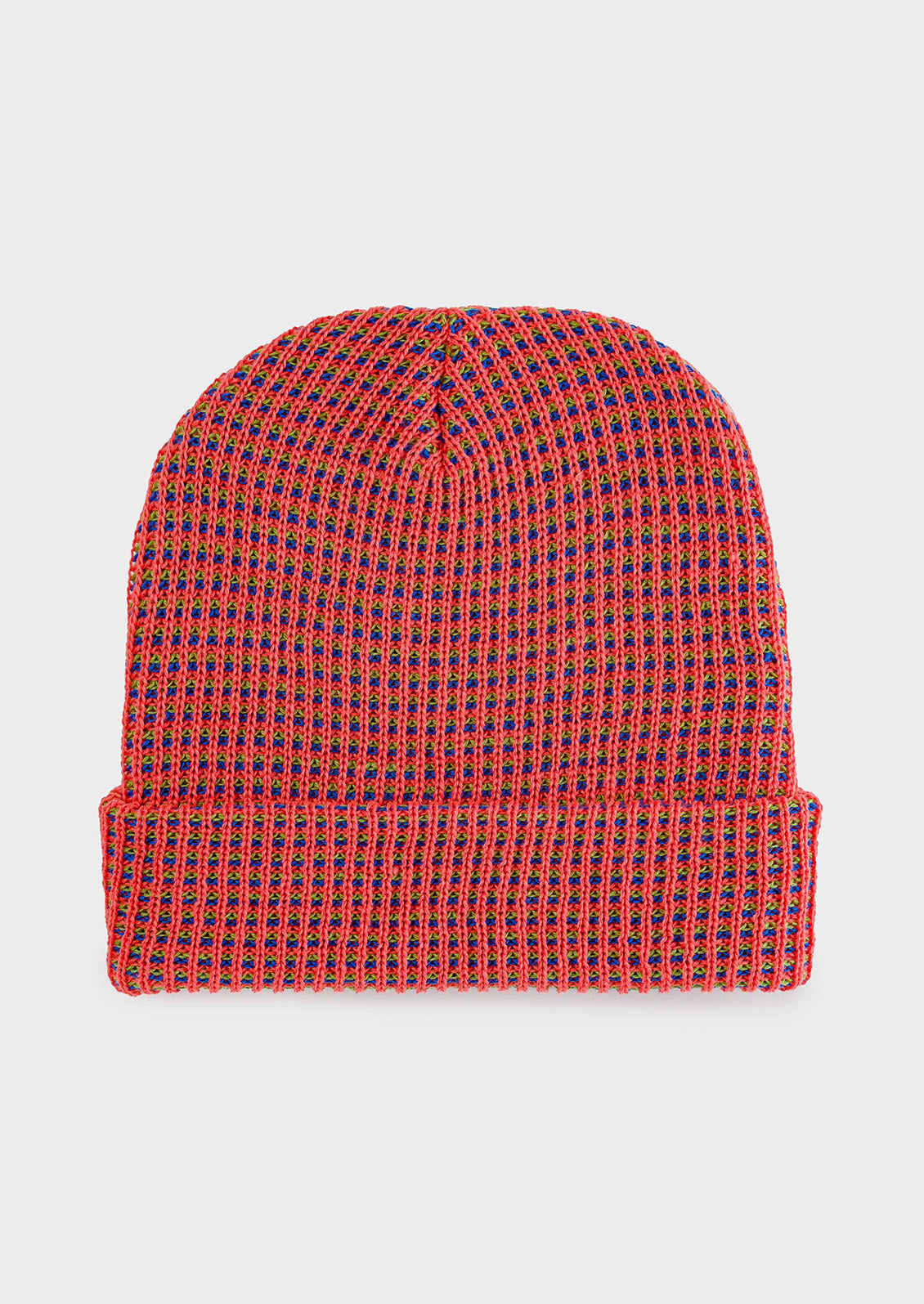 A rib knit beanie in melon and cobalt.