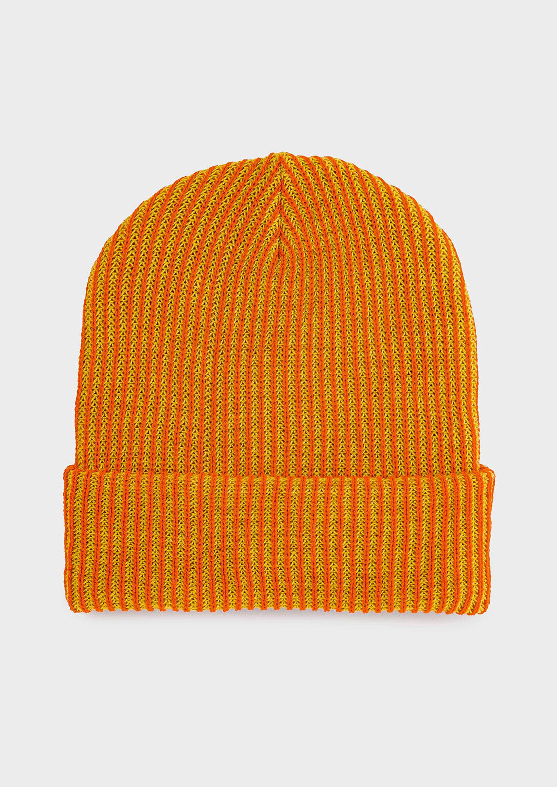 A rib knit beanie in orange and olive.