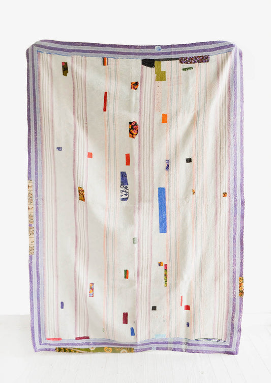 Front Of Vintage Indian Kantha Quilt with White Patchwork  - LEIF